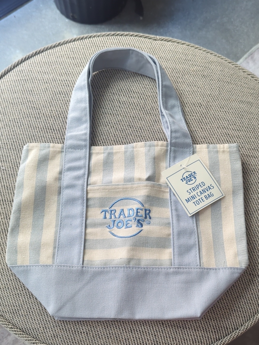 Trader Joe's Cream & Baby Blue Striped Canvas Tote Bag
